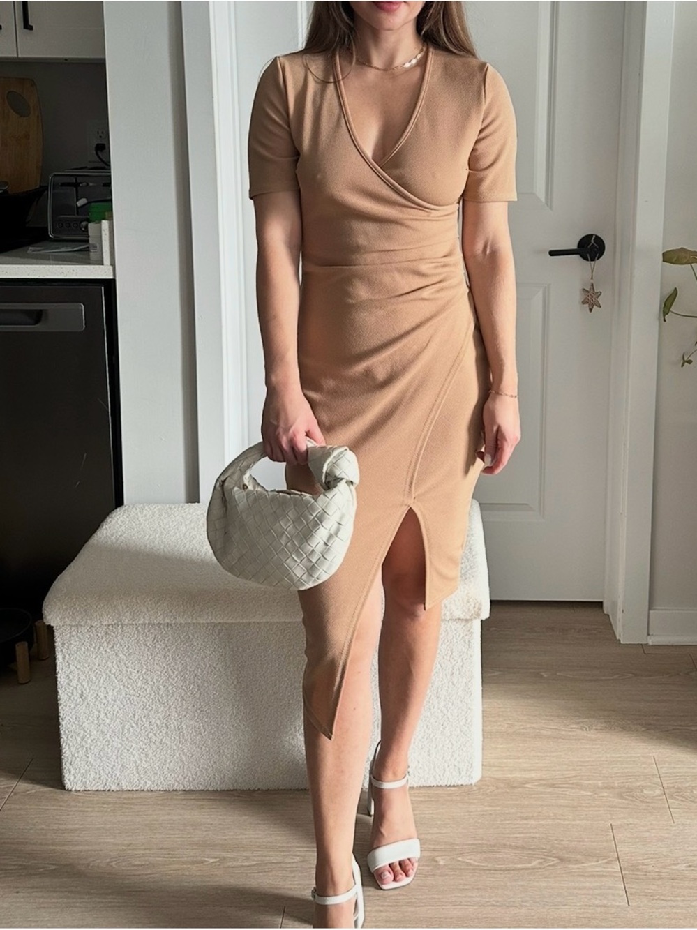 PrettyLittleThing Tan Wrap Midi Dress with Front Slit